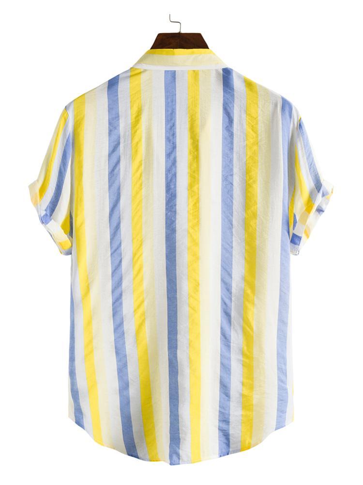 Yellow White And Blue Stripe Mens Short Sleeve Shirt Hawaiian