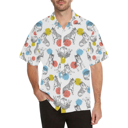 Siberian Husky And Colorful Circle Pattern Mens All Over Print Hawaiian Shirt