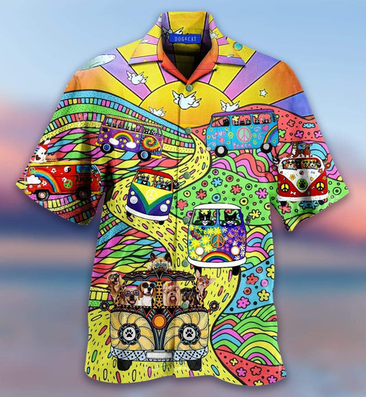 Amazing Colorful Stay Trippy Litttle Hippie Cat Dog Hawaiian Aloha Shirts