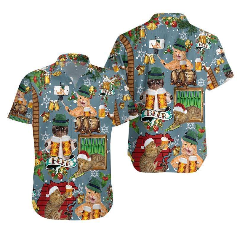 Cat Drinking Beer Merry Christmas Hawaiian Shirts 