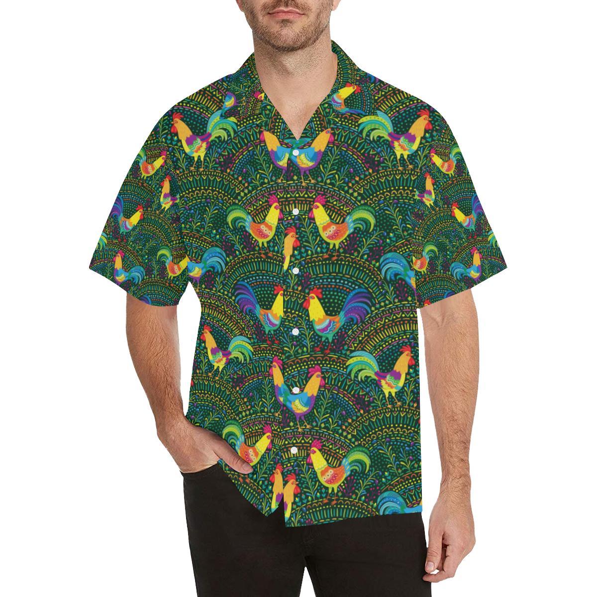 Rooster Chicken Pattern Theme Mens All Over Print Hawaiian Shirt