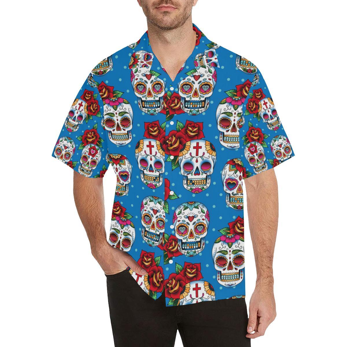 Suger Skull Rose Pattern Mens All Over Print Hawaiian Shirt