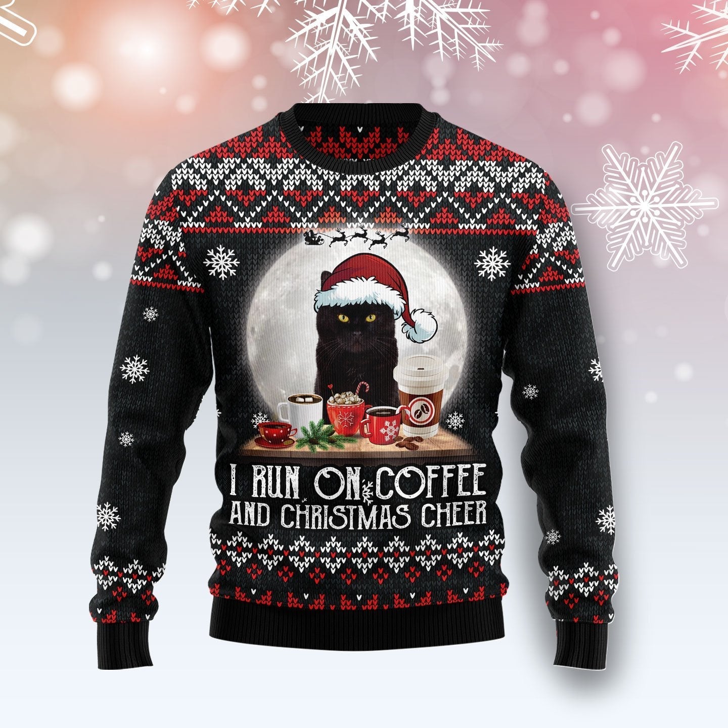 Black Cat Run On Coffee Ugly Christmas Sweater 