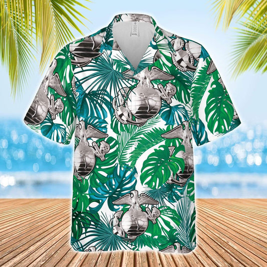 Metal Us Marine Corps Logo Green Leaves Summer Tropical Unisex Hawaiian Shirts