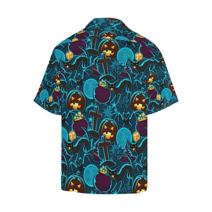 Halloween Pumpkin Cat Pattern Mens All Over Print Hawaiian Shirt