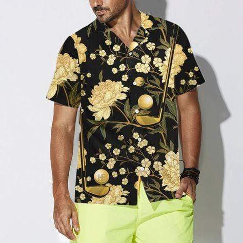 Hawaiian Aloha Shirts Black And Gold Floral Golf