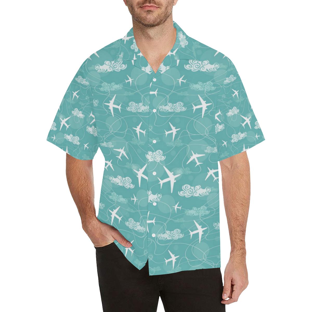 Airplane Cloud Pattern Green Background Mens All Over Print Hawaiian Shirt