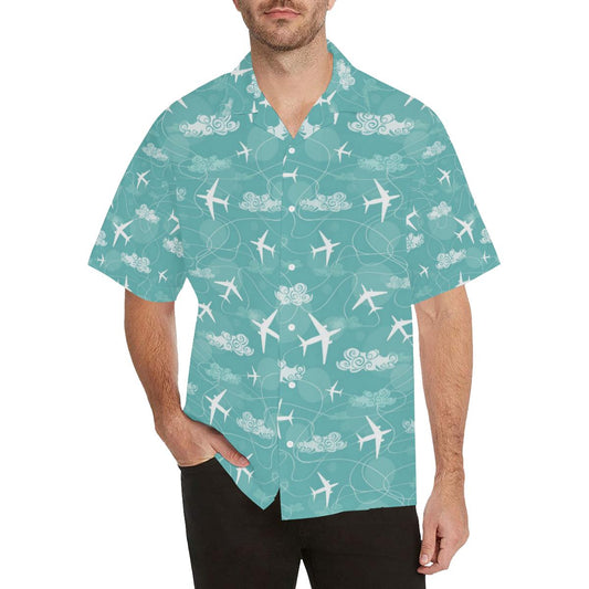 Airplane Cloud Pattern Green Background Mens All Over Print Hawaiian Shirt