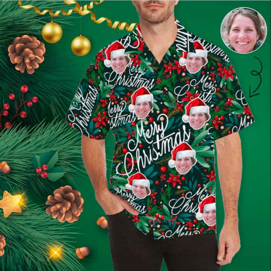 Funny Custom Face Merry Christmas Santa Claus Green Unisex Hawaiian Shirts #DH