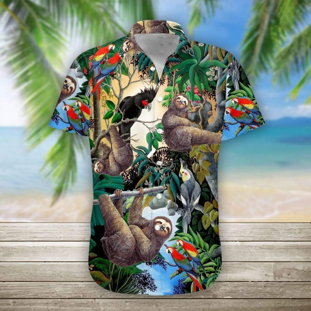 Hawaiian Aloha Shirts Sloth And Parrot Tropical