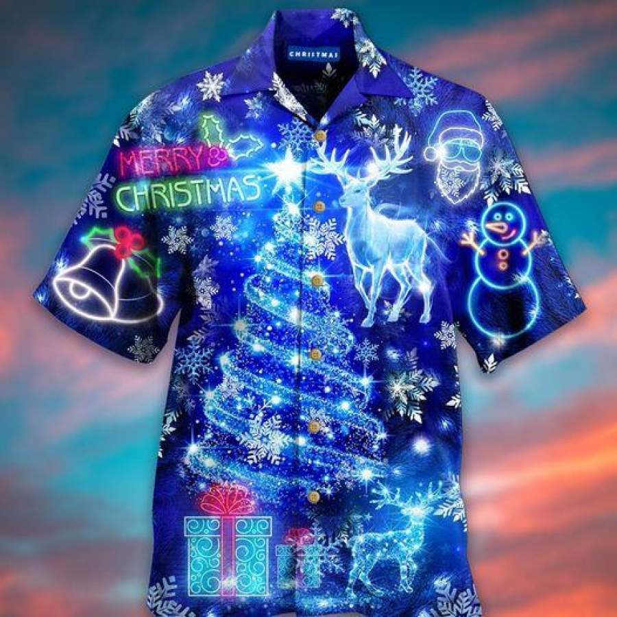 Blue Merry Christmas Light Deer And Christmas Tree Hawaiian Aloha Shirts