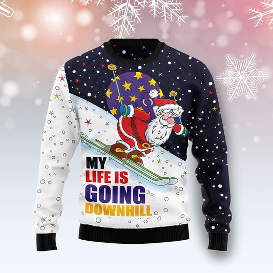 Santa Claus Ski My Life Is Going Downhill Ugly Christmas Sweater 