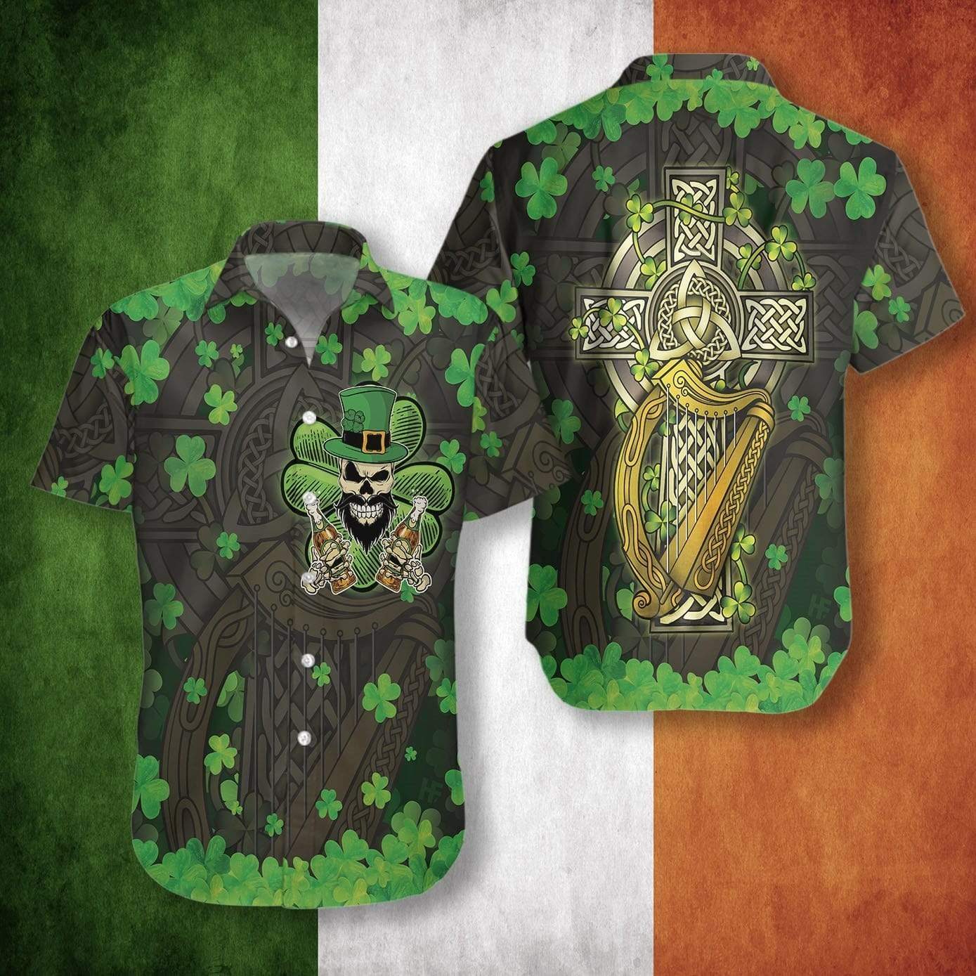 Beer And Skull Proud Irish People Celtic Cross Harp Patrick Green Hawaiian Shirts