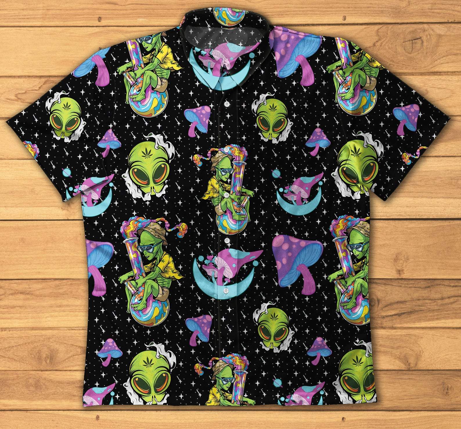 Hippie Trippy Alien Smoke Weed Magic Mushroom Hawaiian Aloha Shirts #DH