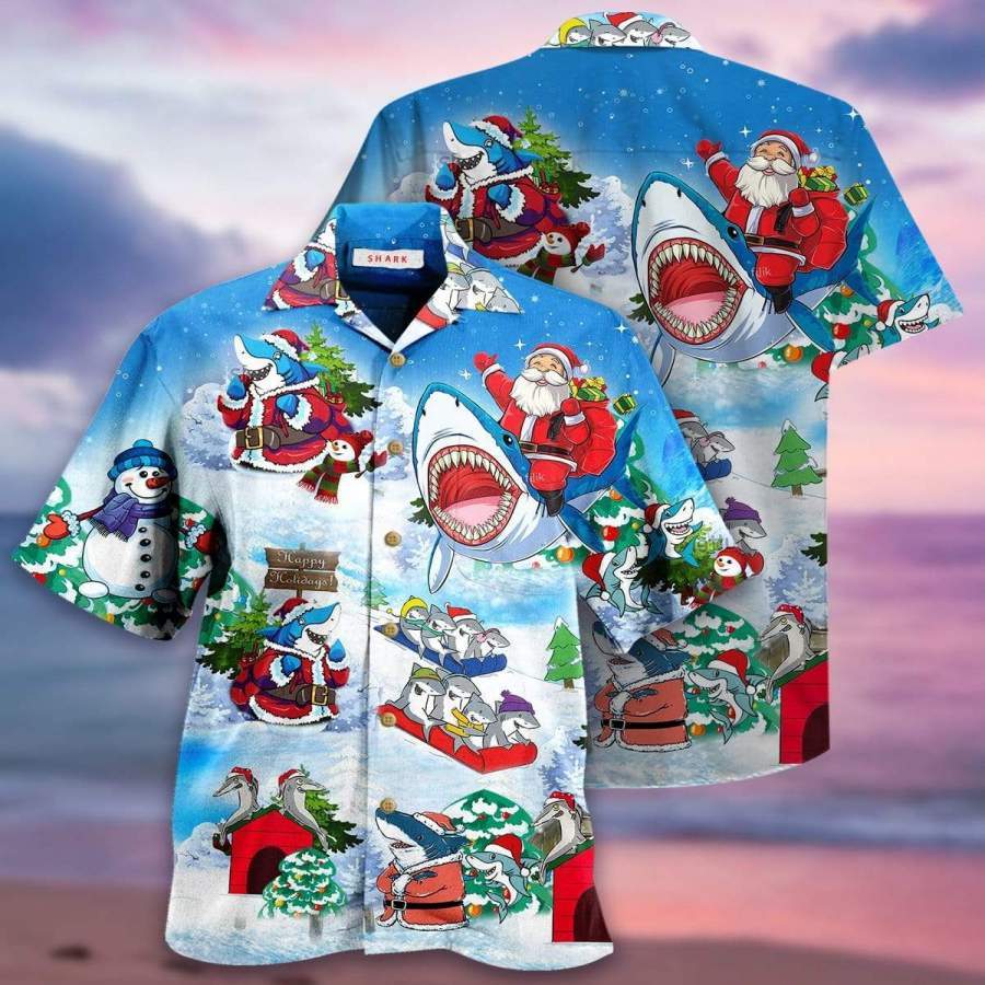 Funny Shark And Santa Claus Merry Christmas Hawaiian Aloha Shirts