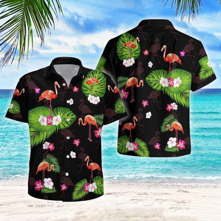 Flamingo Palm Black Tropical Aloha Hawaiian Shirts