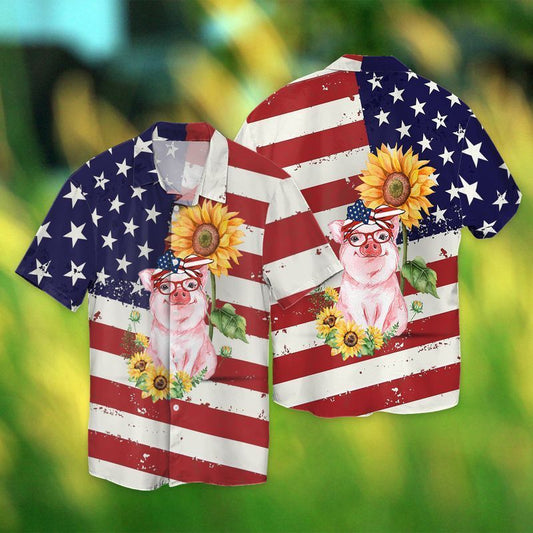 4th Of July Independence Day American Love Pig With Sunflower Graphic Print Short Sleeve 