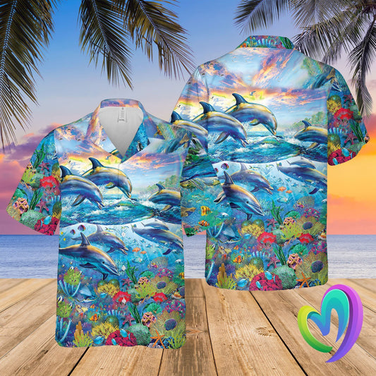 Dolphin Hawaiian Summer Beach Shirt Funny Aloha