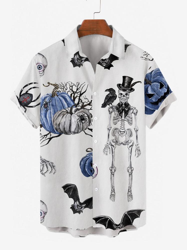 Halloween Element Skull Printed Turndown Collar Button Down Mens Short Sleeve Shirt Hawaiian