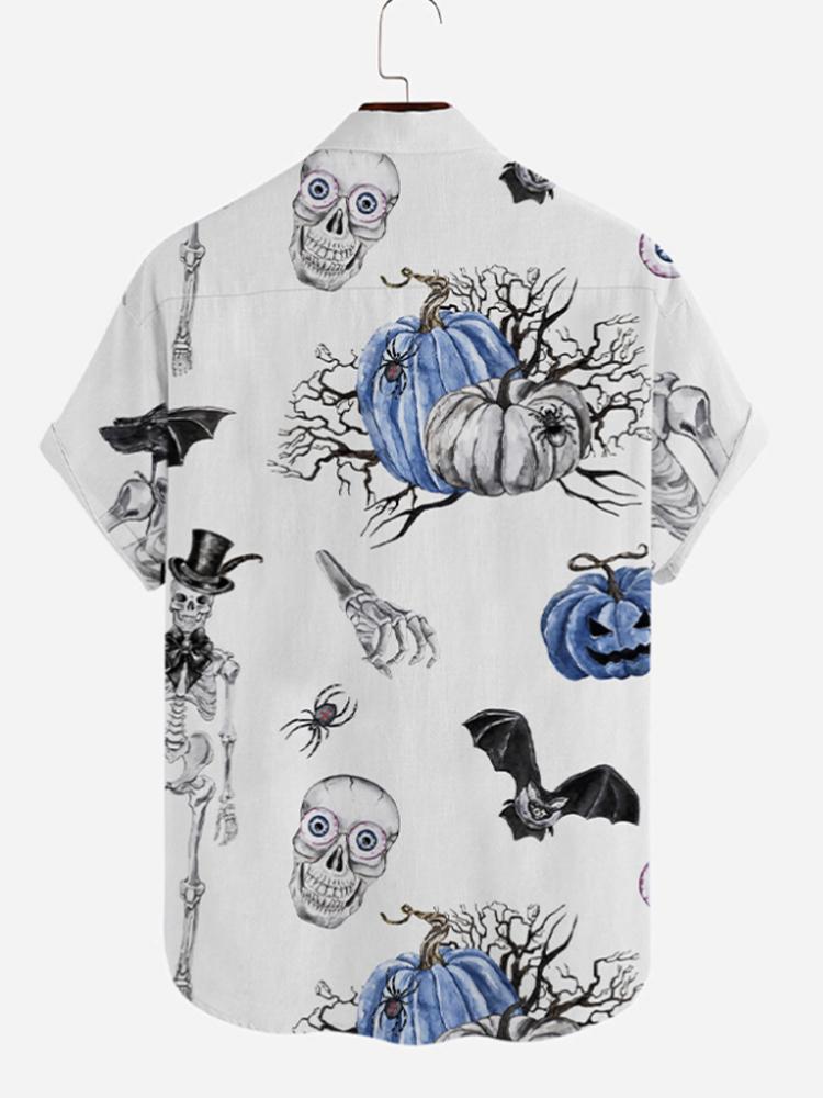 Halloween Element Skull Printed Turndown Collar Button Down Mens Short Sleeve Shirt Hawaiian