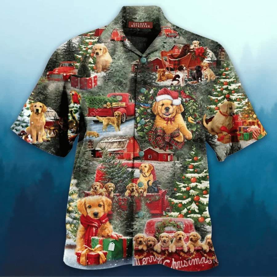 Hawaiian Aloha Shirts Christmas With Golden Retriever