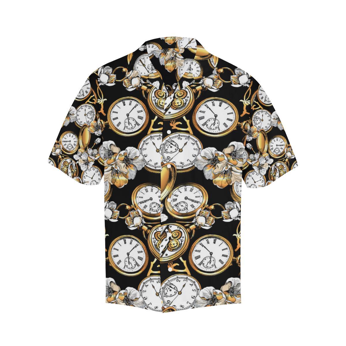 Clock Flower Pattern Mens All Over Print Hawaiian Shirt