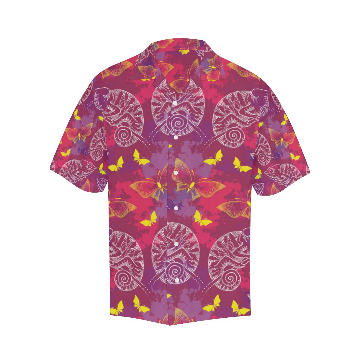 Pink Chameleon Lizard Butterfly Pattern Mens All Over Print Hawaiian Shirt