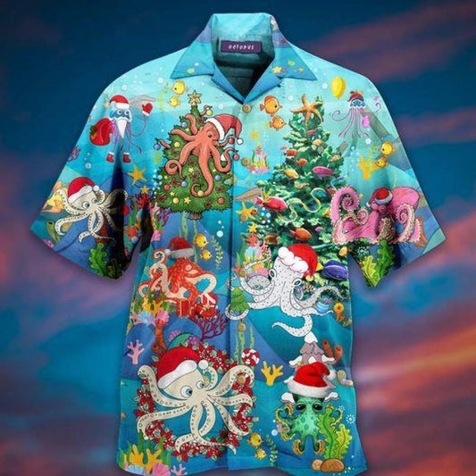 Funny Octopus Christmas Blue Hawaiian Aloha Shirts