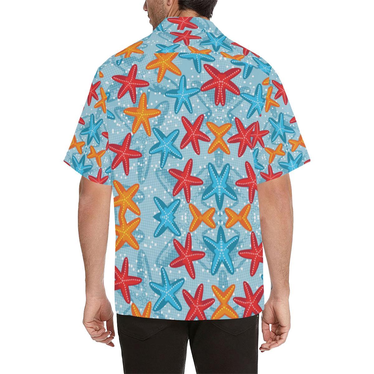 Blue Red Orange Starfish Pattern Mens All Over Print Hawaiian Shirt