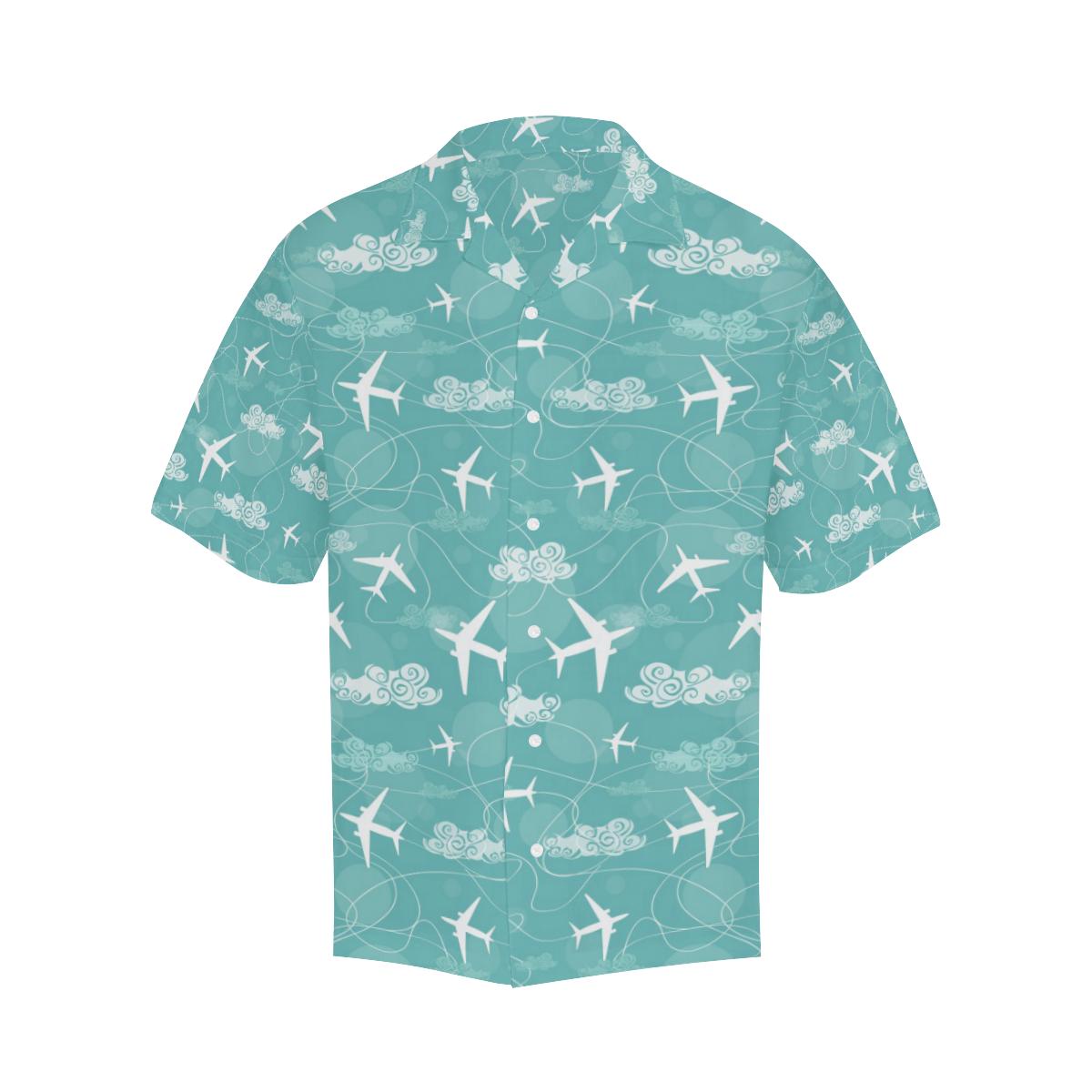 Airplane Cloud Pattern Green Background Mens All Over Print Hawaiian Shirt