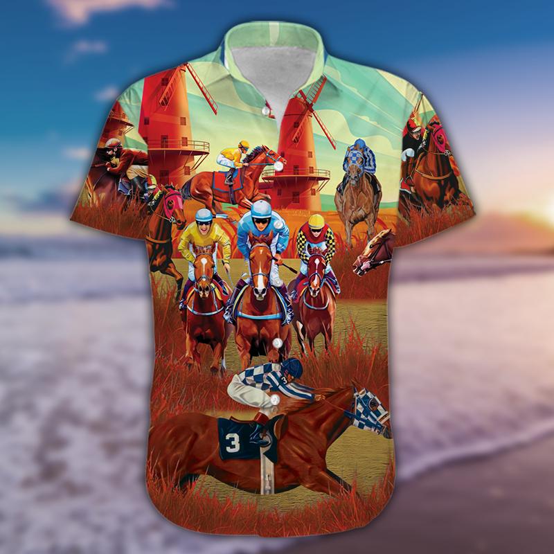 Horses Racing On Pasture Unisex Hawaiian Aloha Shirts 