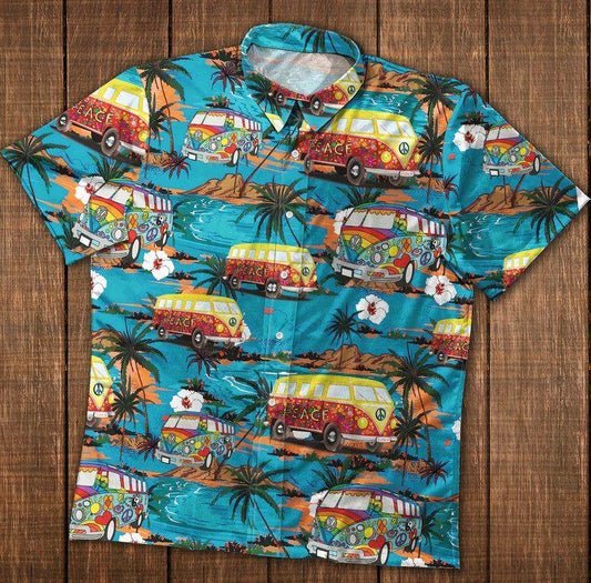 Hippie Camping Van Blue Summer Vibes Unisex Hawaiian Shirts