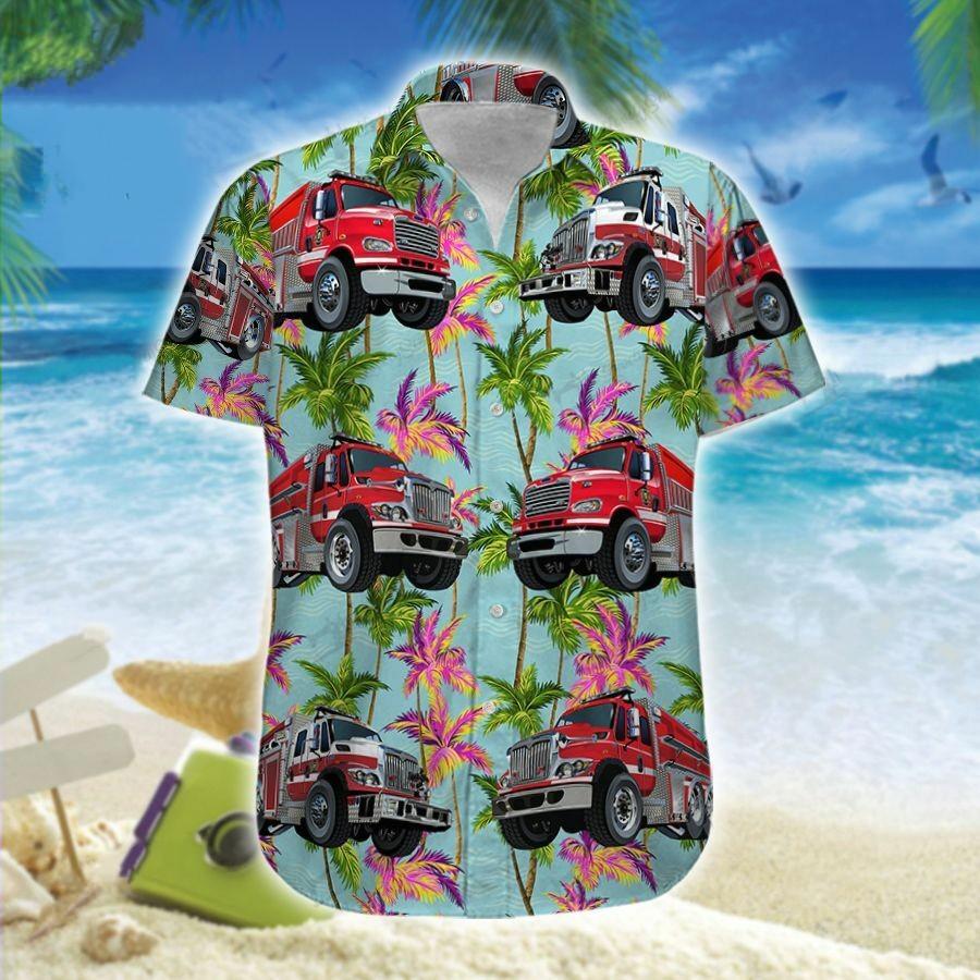 Hawaiian Aloha Shirts Fire Truck Firefighter Colorful Palm Trees