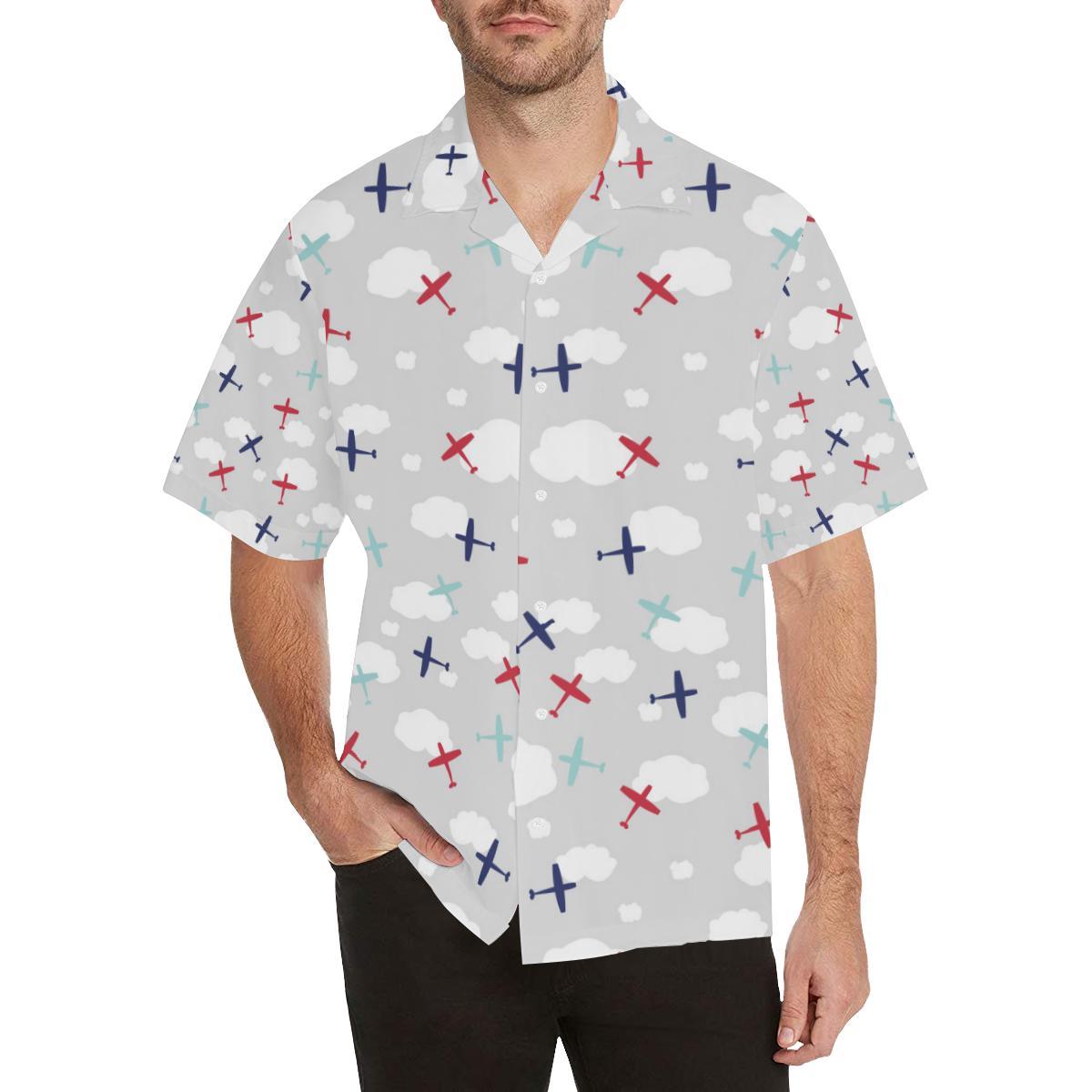 Airplane Cloud Grey Background Mens All Over Print Hawaiian Shirt