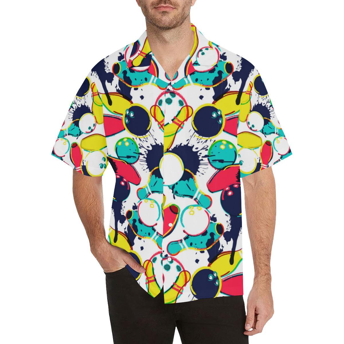 Watercolor Bowling Ball Pins Mens All Over Print Hawaiian Shirt