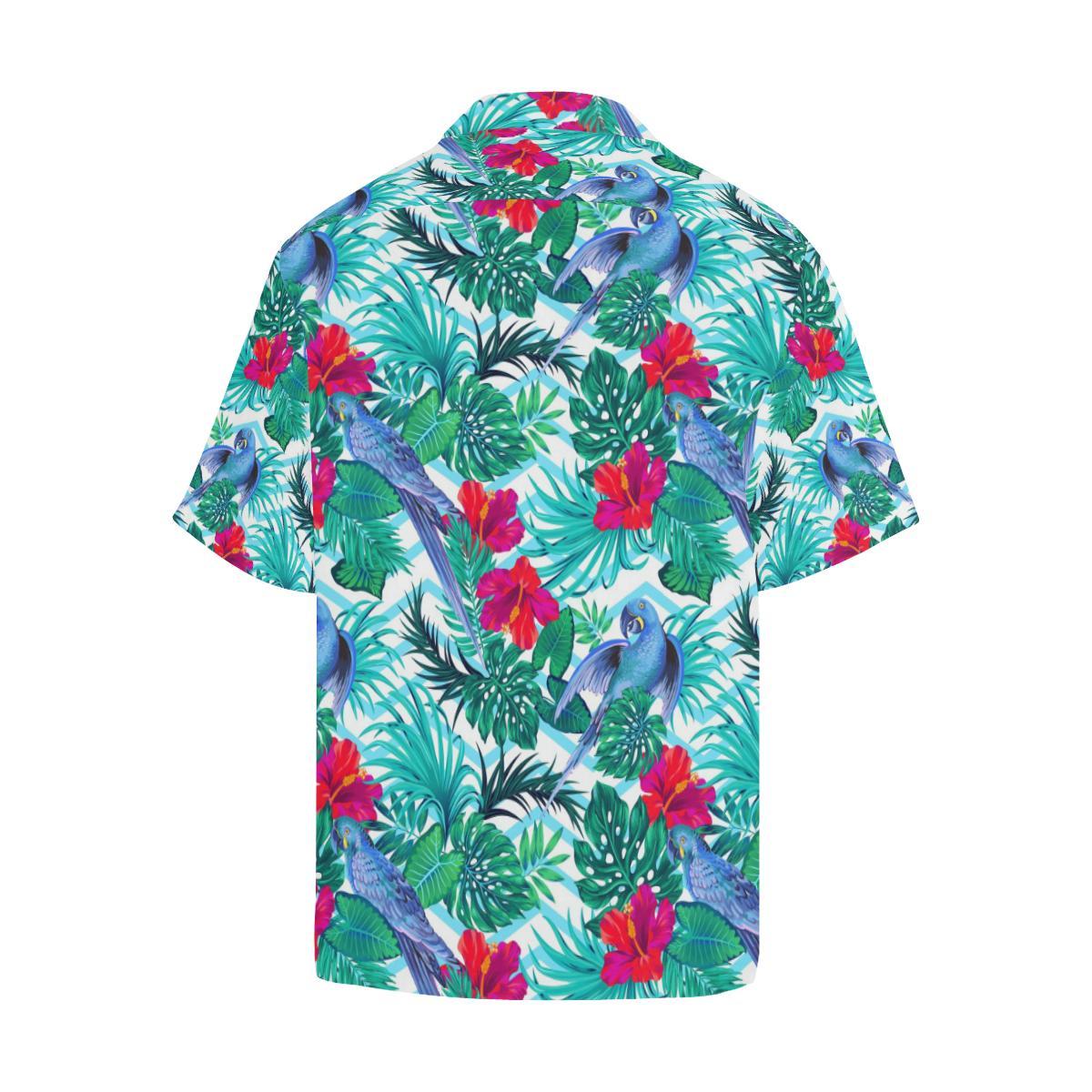 Blue Parrot Hibiscus Pattern Mens All Over Print Hawaiian Shirt