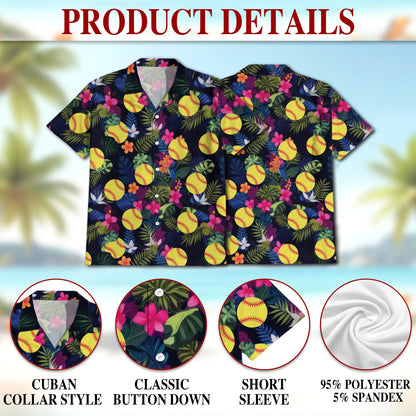 Softball Flower Tropical Print Matching Dog Owner Hawaiian Shirts, Funny Pet Aloha Shirt for Beach Vacation - Azhawaiian