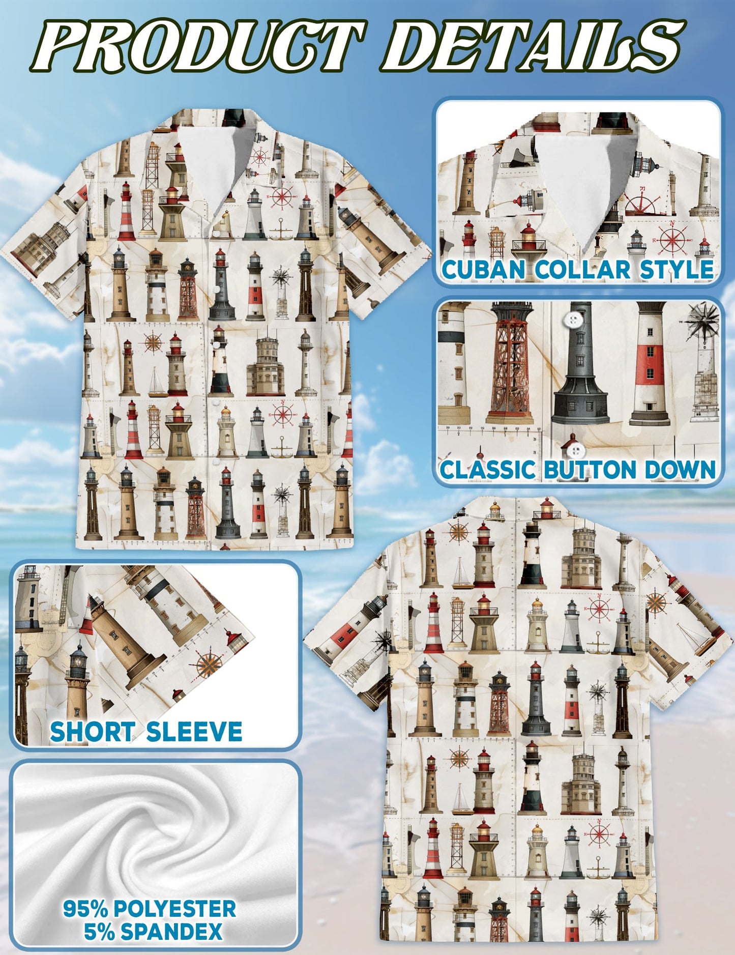Lighthouse Pattern Hawaiian Shirt for Men, Button Down Aloha Shirt - Azhawaiian