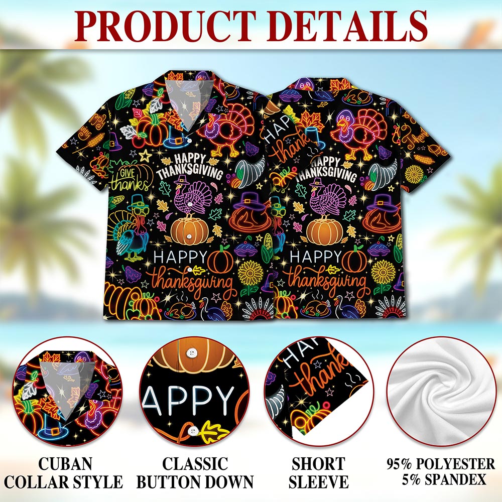 Neon Thanksgiving Hawaiian Shirt for Men, Button Down Aloha Shirt - Azhawaiian