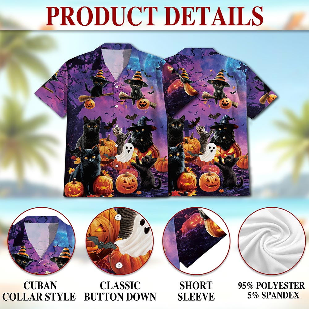 Black Cat Pumpkin Hawaiian Shirt for Men, Button Down Aloha Shirt - Azhawaiian