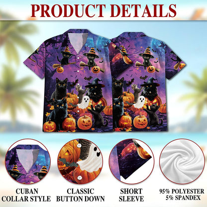 Black Cat Pumpkin Hawaiian Shirt for Men, Button Down Aloha Shirt - Azhawaiian