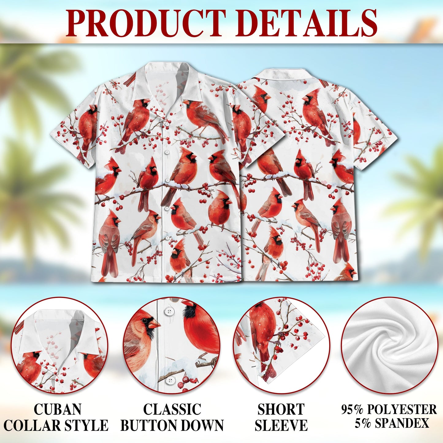 Snow Cardinal Hawaiian Shirt for Men, Button Down Aloha Shirt - Azhawaiian