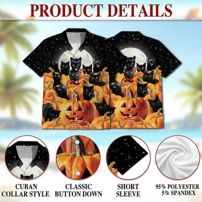 Cute Black Cat Pumpkin Hawaiian Shirt for Men, Button Down Aloha Shirt - Azhawaiian