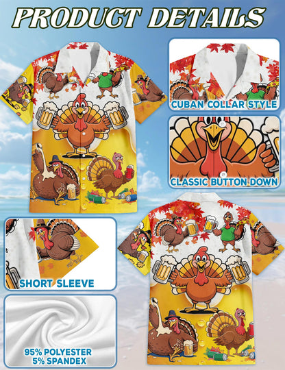Funny Drunk Turkey Thanksgiving Hawaiian Shirt for Men, Button Down Aloha Shirt - Azhawaiian