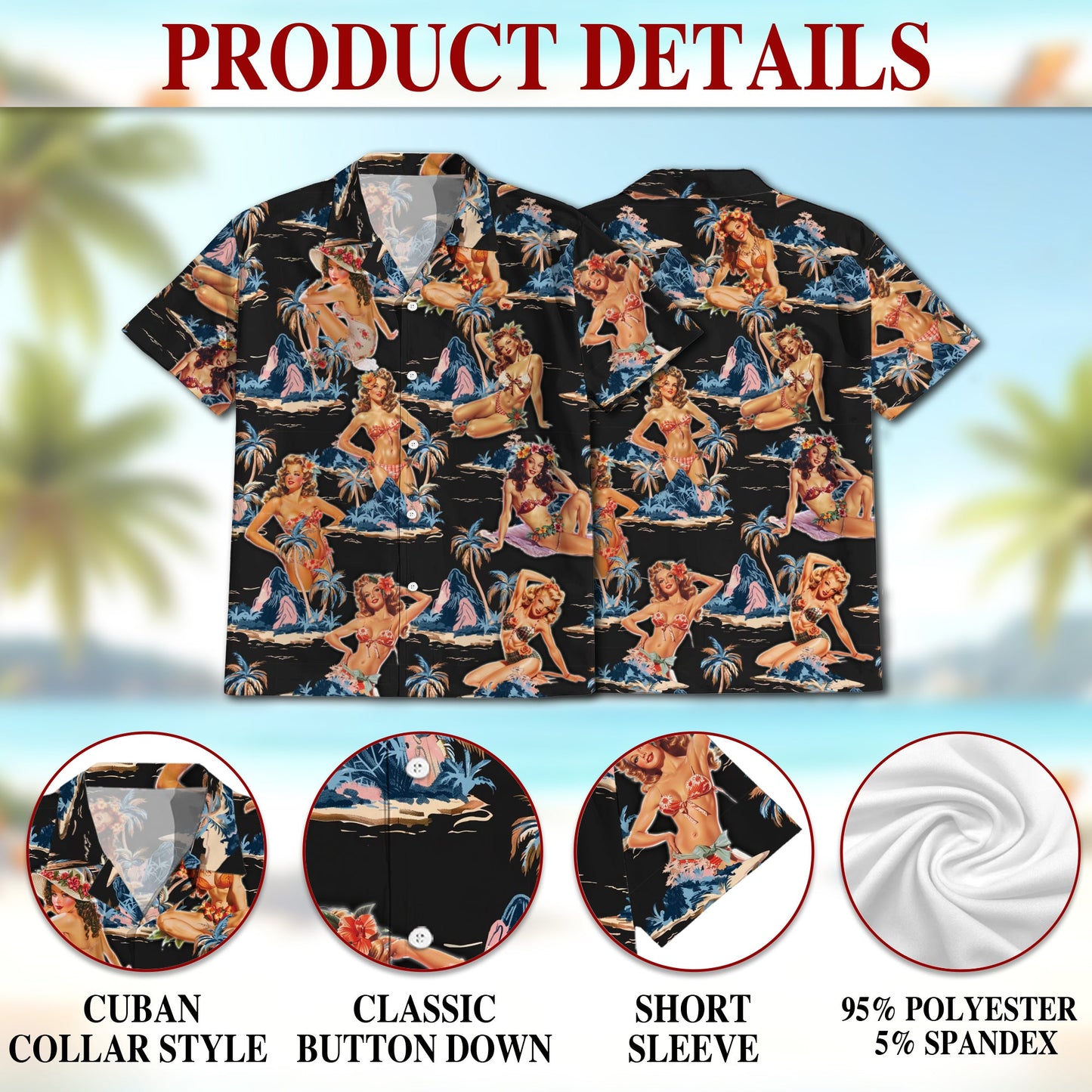Tropical Pinup Girl Black Hawaiian Shirt for Men, Button Down Aloha Shirt - Azhawaiian