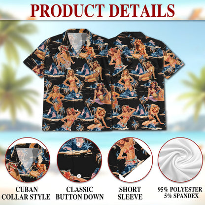 Tropical Pinup Girl Black Hawaiian Shirt for Men, Button Down Aloha Shirt - Azhawaiian