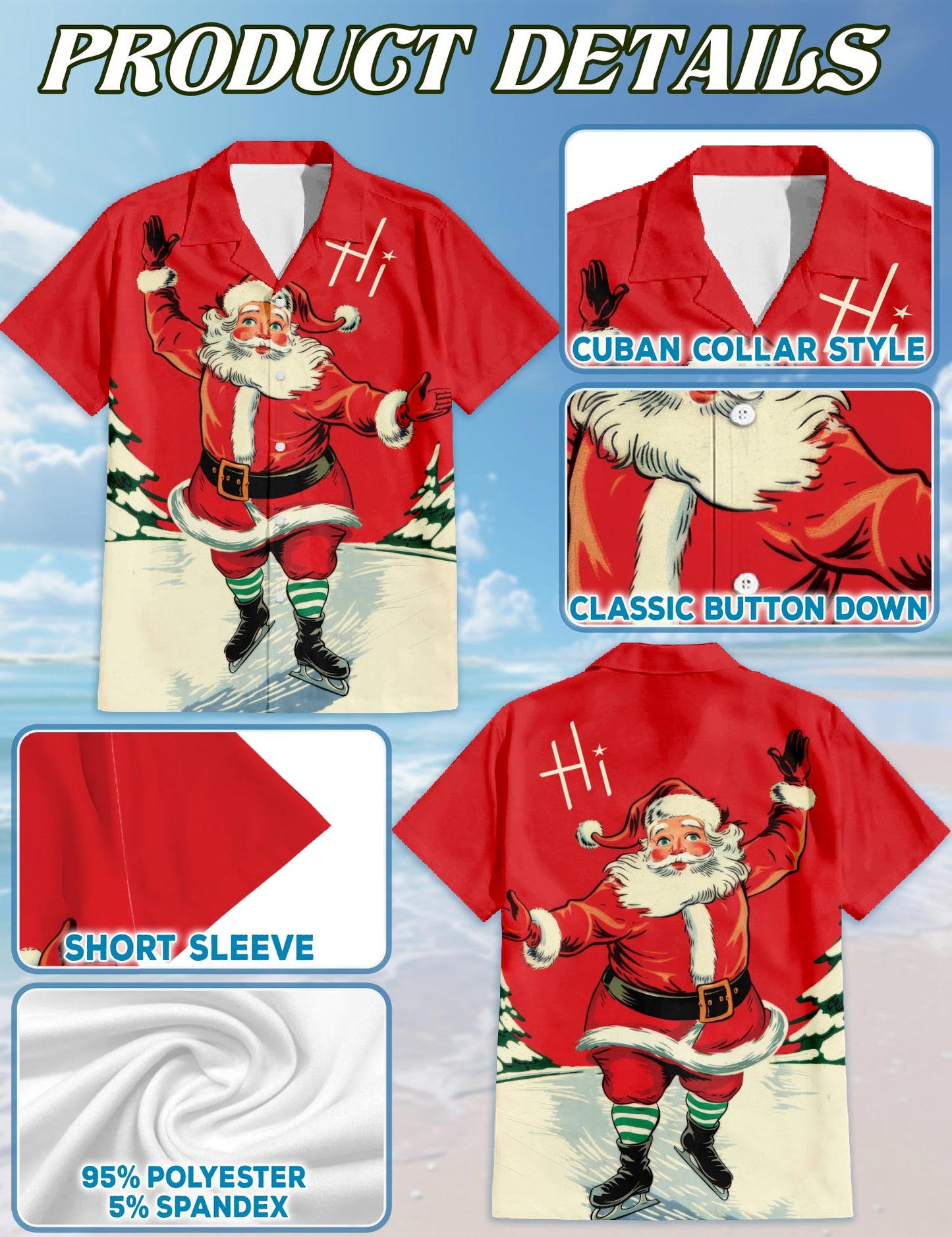 Vintage Ice Skating Santa Hawaiian Shirt for Men, Button Down Aloha Shirt - Azhawaiian