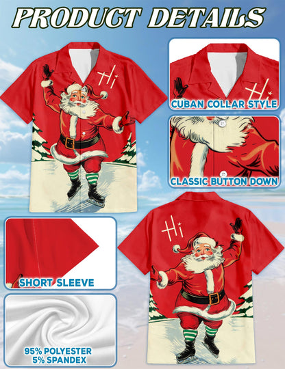 Vintage Ice Skating Santa Hawaiian Shirt for Men, Button Down Aloha Shirt - Azhawaiian