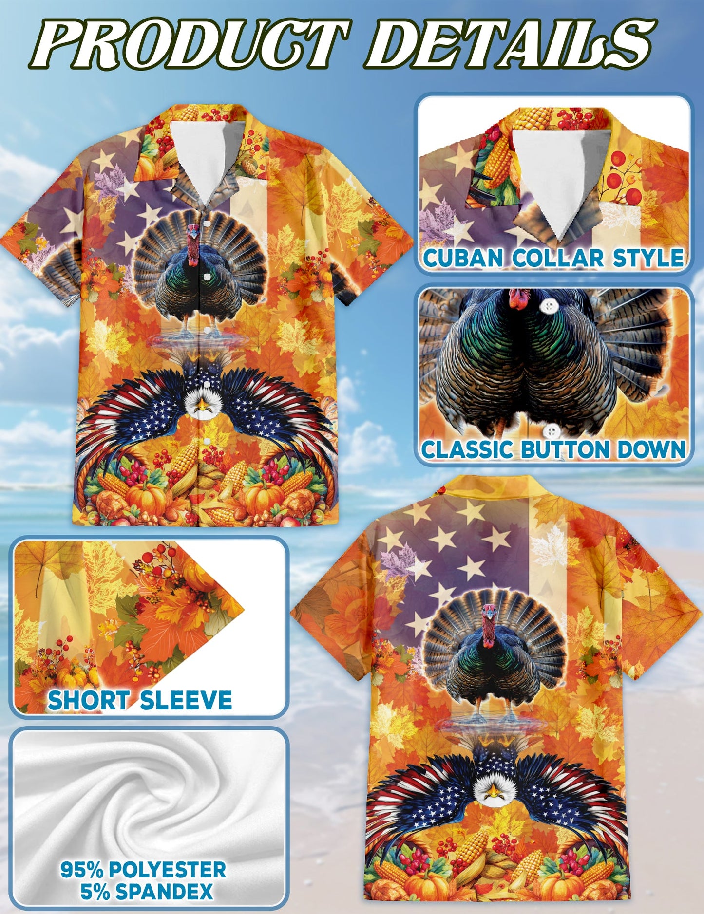 Turkey and Eagle Thanksgiving Hawaiian Shirt for Men, Button Down Aloha Shirt - Azhawaiian