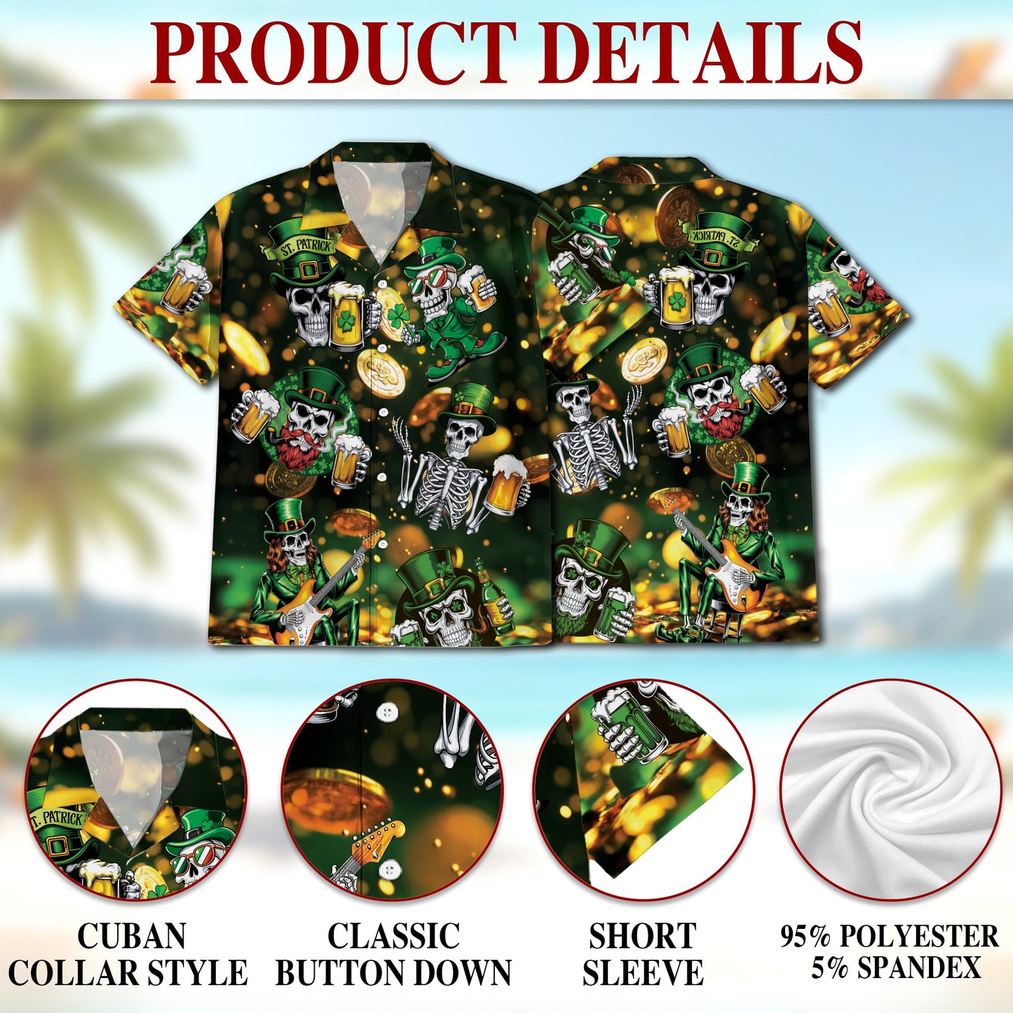 St Patrick's Day Skull Beer Hawaiian Shirt for Men, Button Down Aloha Shirt - Azhawaiian
